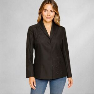 Victor Costa Womens Blazer Jacket XS  Silk Black Embroidered Open Front Occasion